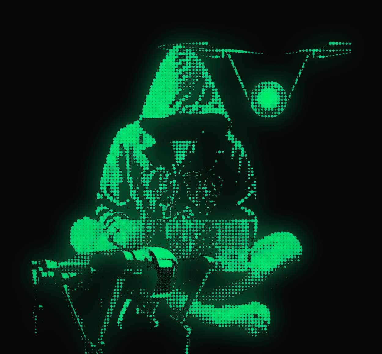 Hooded builder soldering at a workbench, halftone green